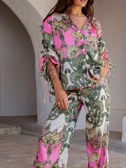 Women's Plus Floral Lace-Up Shirt & Pants Set
