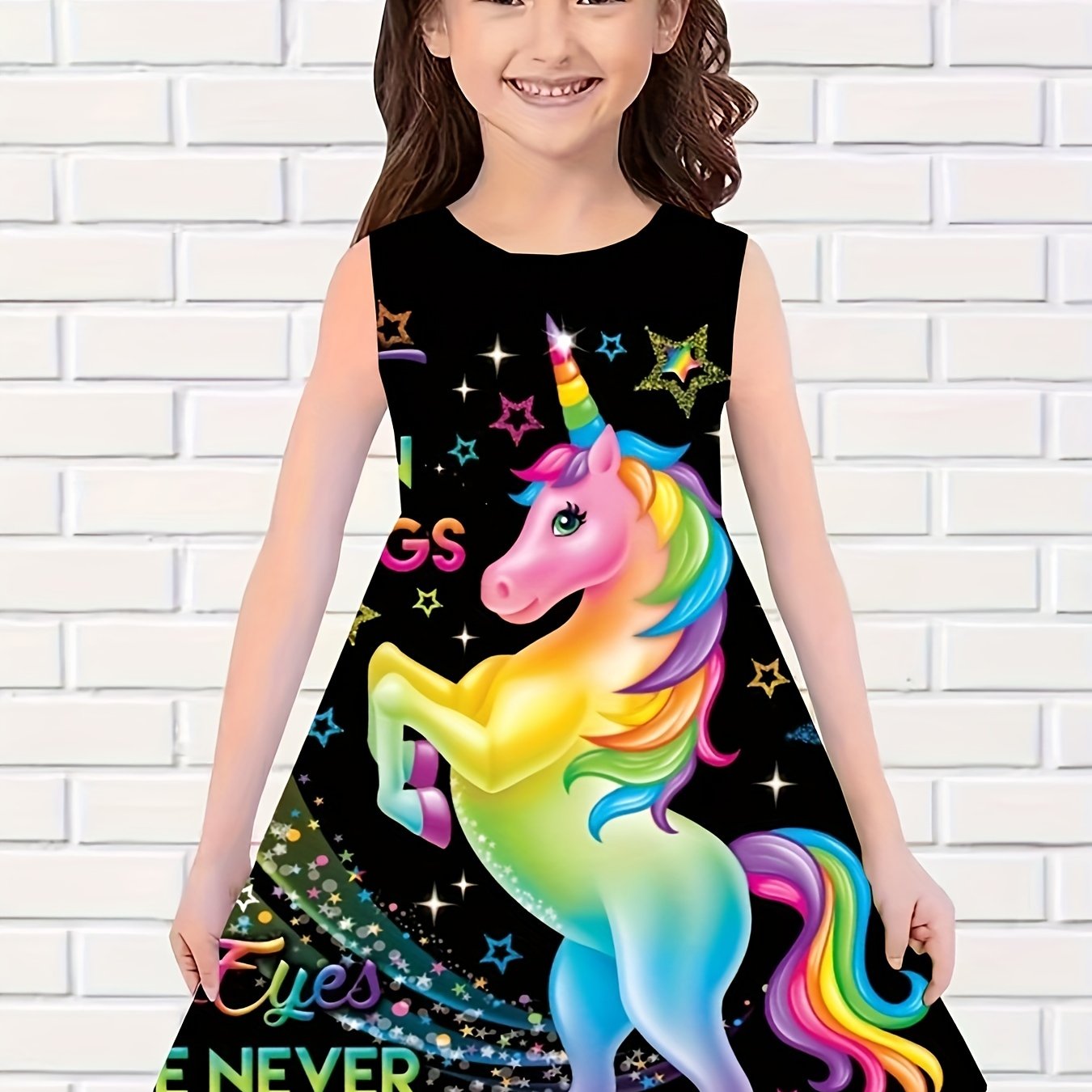 Colorful Unicorn Print Dress Girls Sleeveless Summer Party Gift