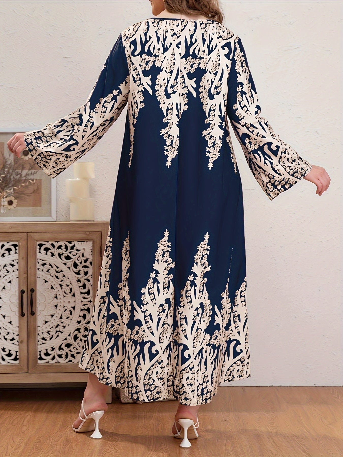 Casual Abaya Dress Women's Plus Floral Print Long Sleeve