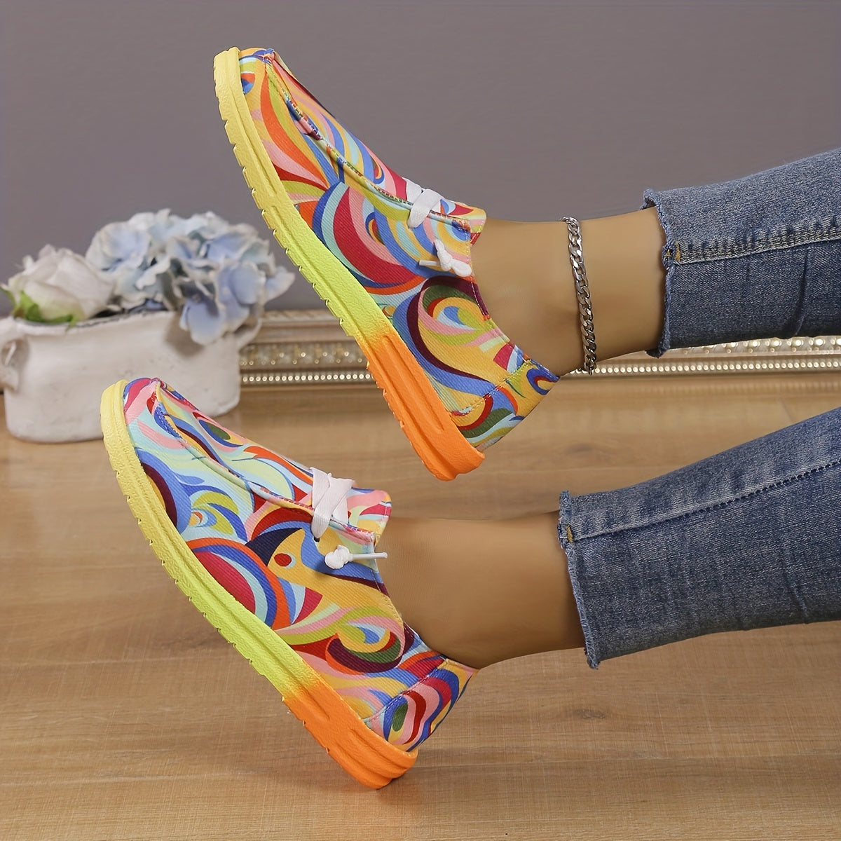 Women's Abstract Pattern Canvas Lace-Up Low Top Slip-On Shoes