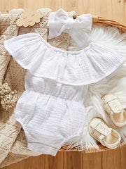 Baby Girls Ruffle Cotton Linen Romper Headband Bodysuit
