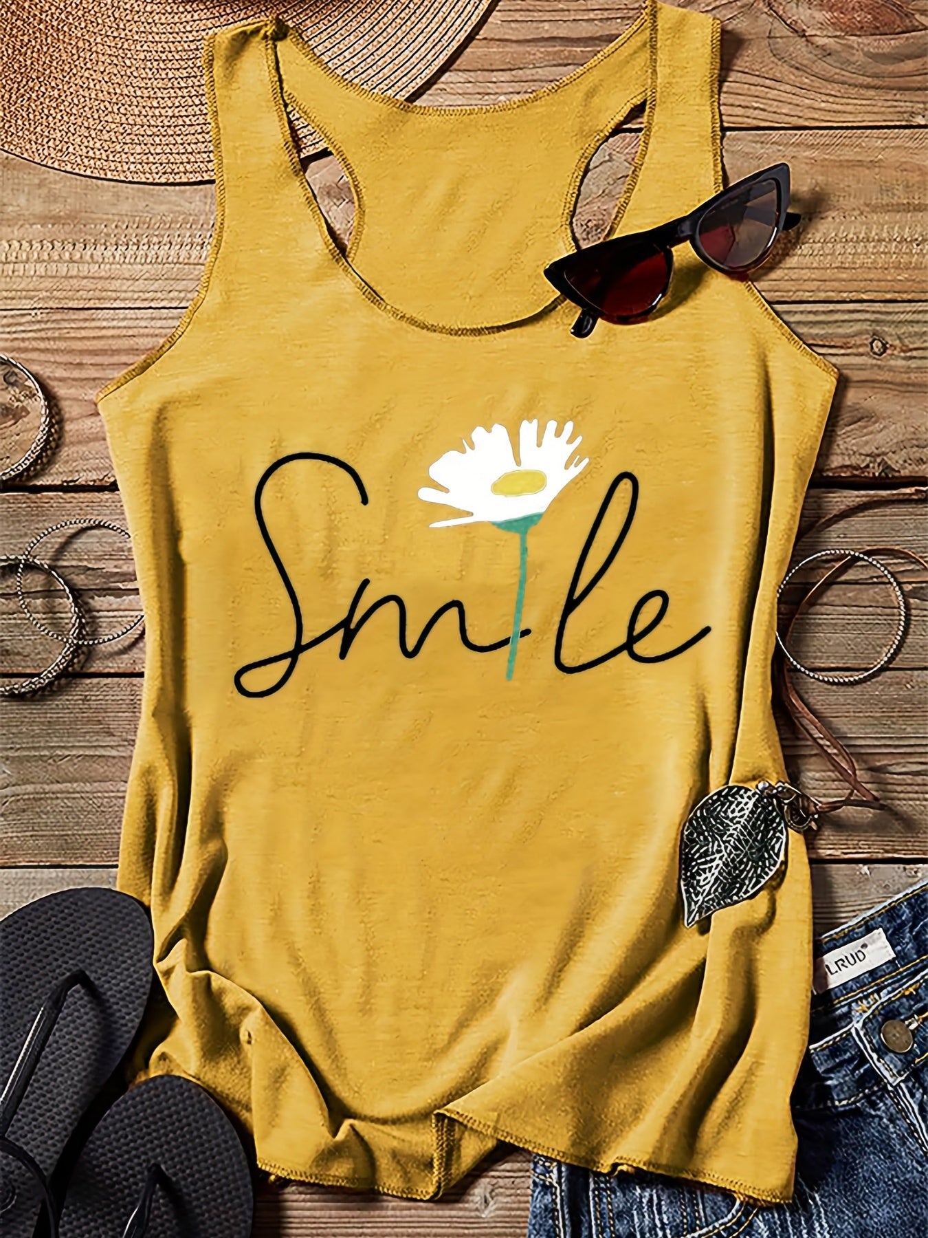 Casual Letter Print & Flower Graphic Tank Top For Women Girls