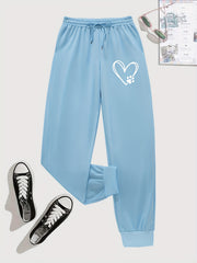 Heart & Paw Print High Waist Pants Casual Elastic Waist Pants