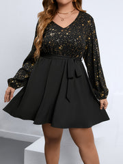 Star Print Long Sleeve V Neck Mini Dress With Belt