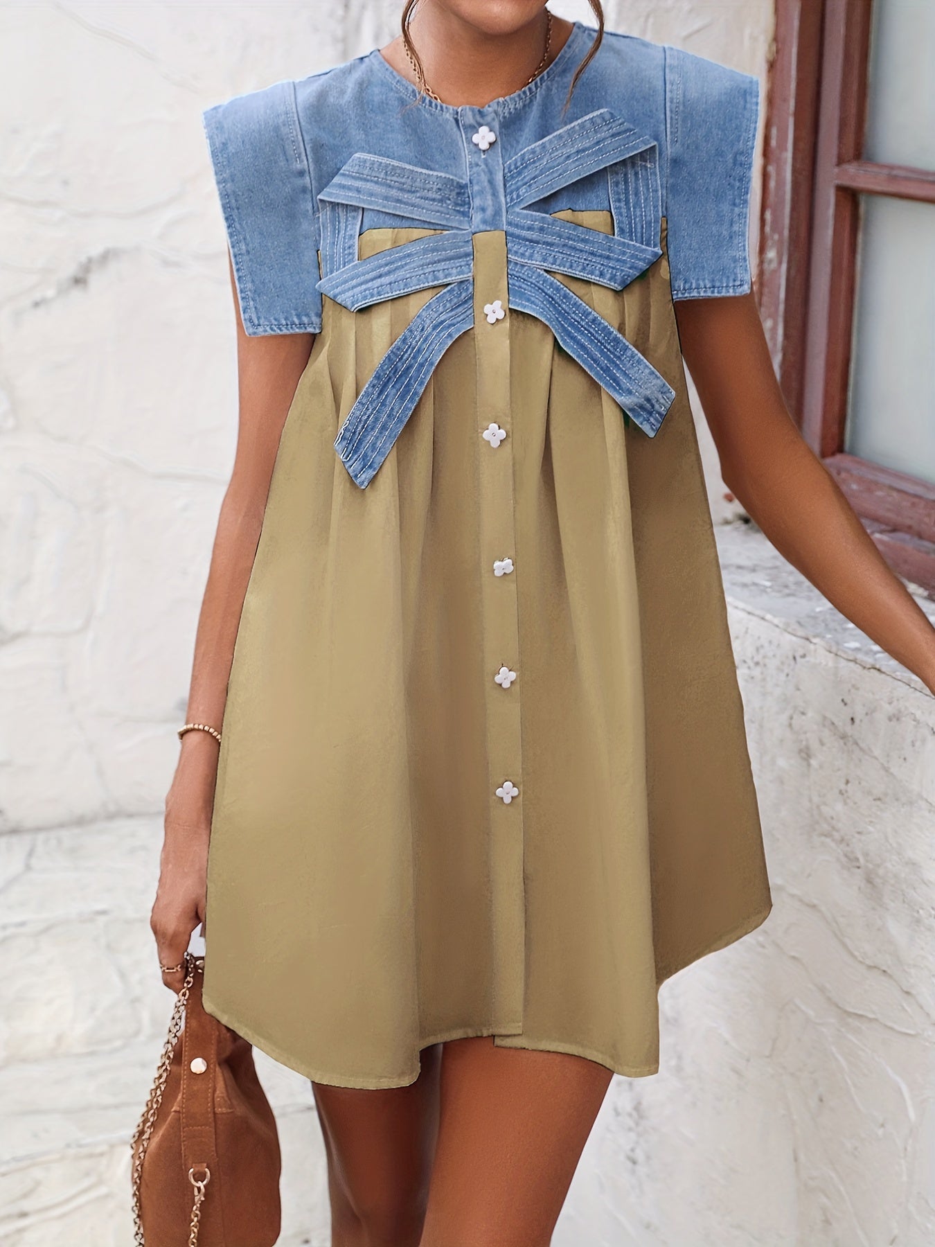 Patchwork Denim Dress Sleeveless Flower Button Women's Clothing