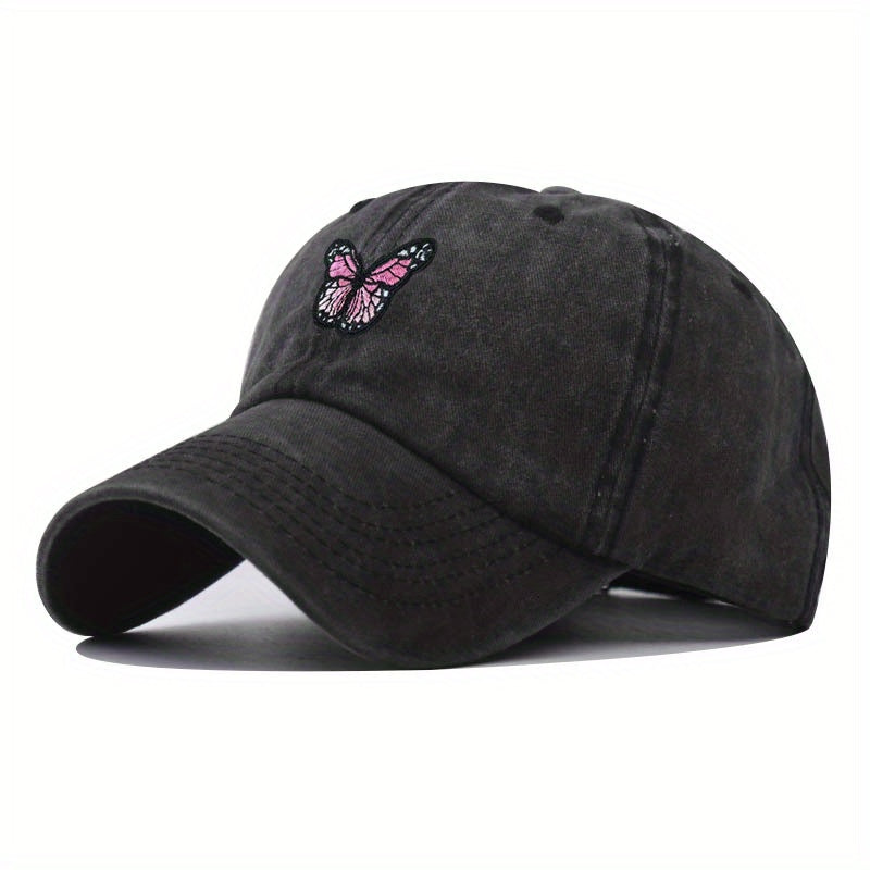 Butterfly Embroidery Baseball Cap Distressed Cotton Dad Hat Sun Hat for Women