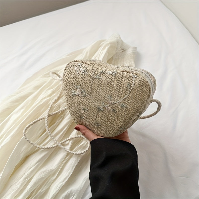 Casual Straw Woven Crossbody Bag Heart Shaped Flower Crossbody Bag