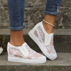 Women's Mesh Wedge Sneakers Floral Embroidered Low Top Slip On Shoes