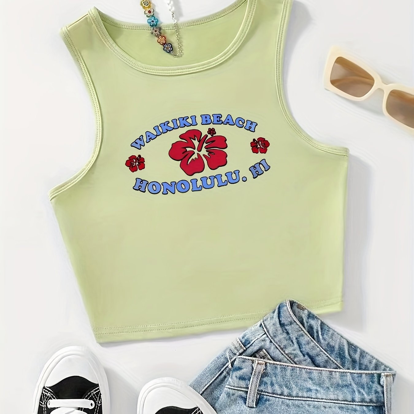 Flower & Letter Print Tank Top Sexy Sleeveless Summer Top