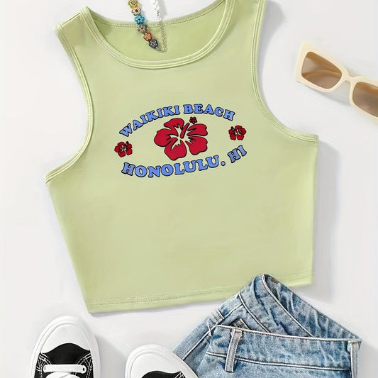 Flower & Letter Print Tank Top Sexy Sleeveless Summer Top