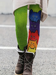 Cat Print Skinny Leggings Elastic Waist Women's Clothing