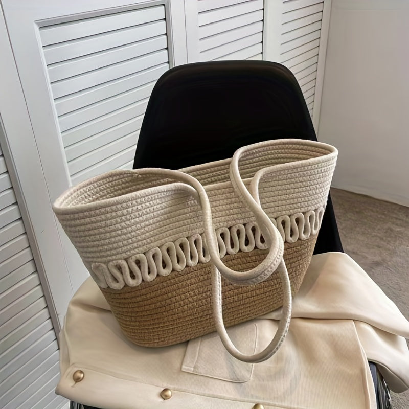 Large Capacity Straw Beach Bag Khaki Color