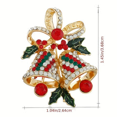 Christmas Bell Leaf Brooch Zircon Alloy Jewelry Corsage Holiday Party Gift