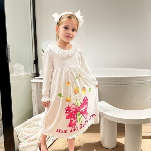 Girl's Floral Nightgown Letter Print Long Sleeve Lace Collar PJ