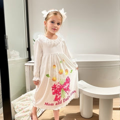 Girl's Floral Nightgown Letter Print Long Sleeve Lace Collar PJ