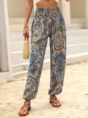 Paisley Print Shirred Waist Boho Jogger Pants Women's Clothing