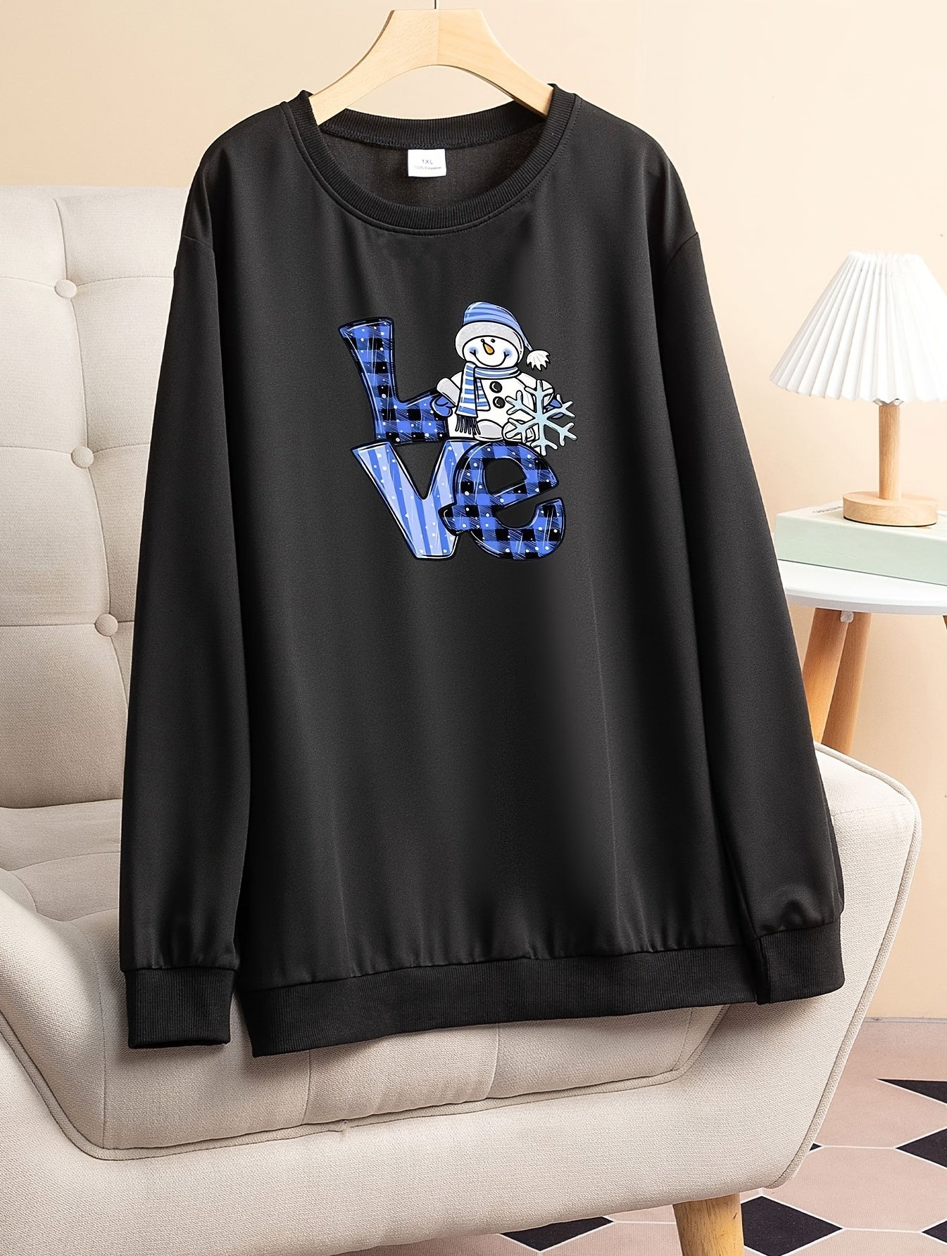Christmas Snowman Print Lounge Top Long Sleeve Round Neck Tee