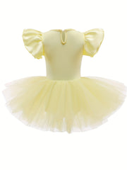 Girls Yellow Tulle Tutu Mesh Dress With Rhinestone Decoration