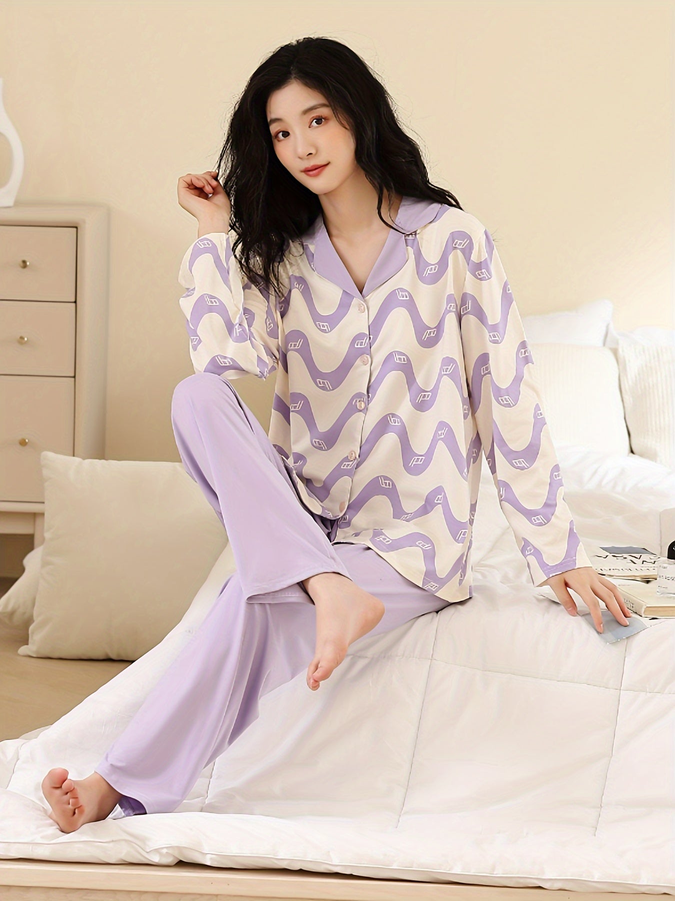 Wave Stripe Print Pajama Set Long Sleeve Button Up Top & Lounge Pants