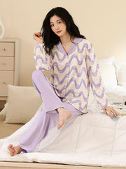 Wave Stripe Print Pajama Set Long Sleeve Button Up Top & Lounge Pants