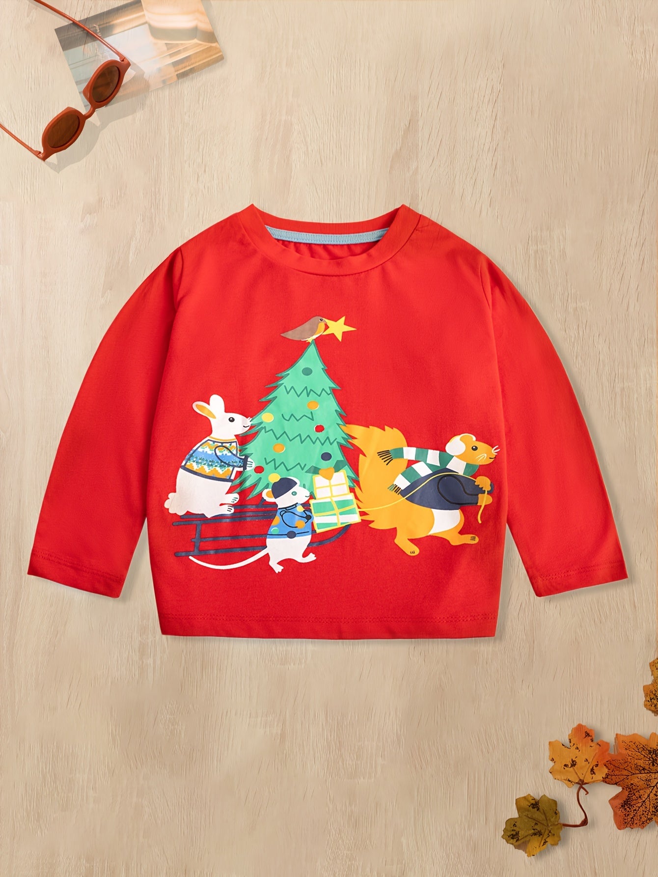 Christmas Tree Cartoon Print Boy's T shirt Kids Long Sleeve