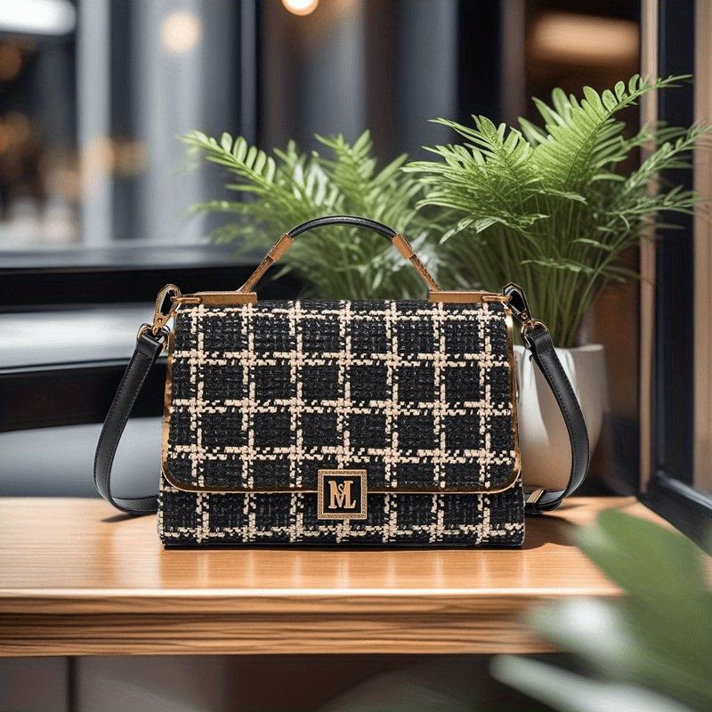 Houndstooth Split Leather Top Handle Shoulder Bag