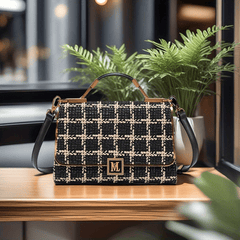 Houndstooth Split Leather Top Handle Shoulder Bag