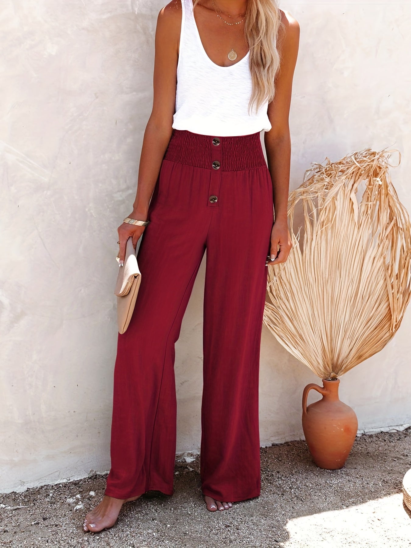 Smocked Waist Wide Leg Pants Button Front Casual Loose Pants