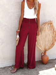 Smocked Waist Wide Leg Pants Button Front Casual Loose Pants