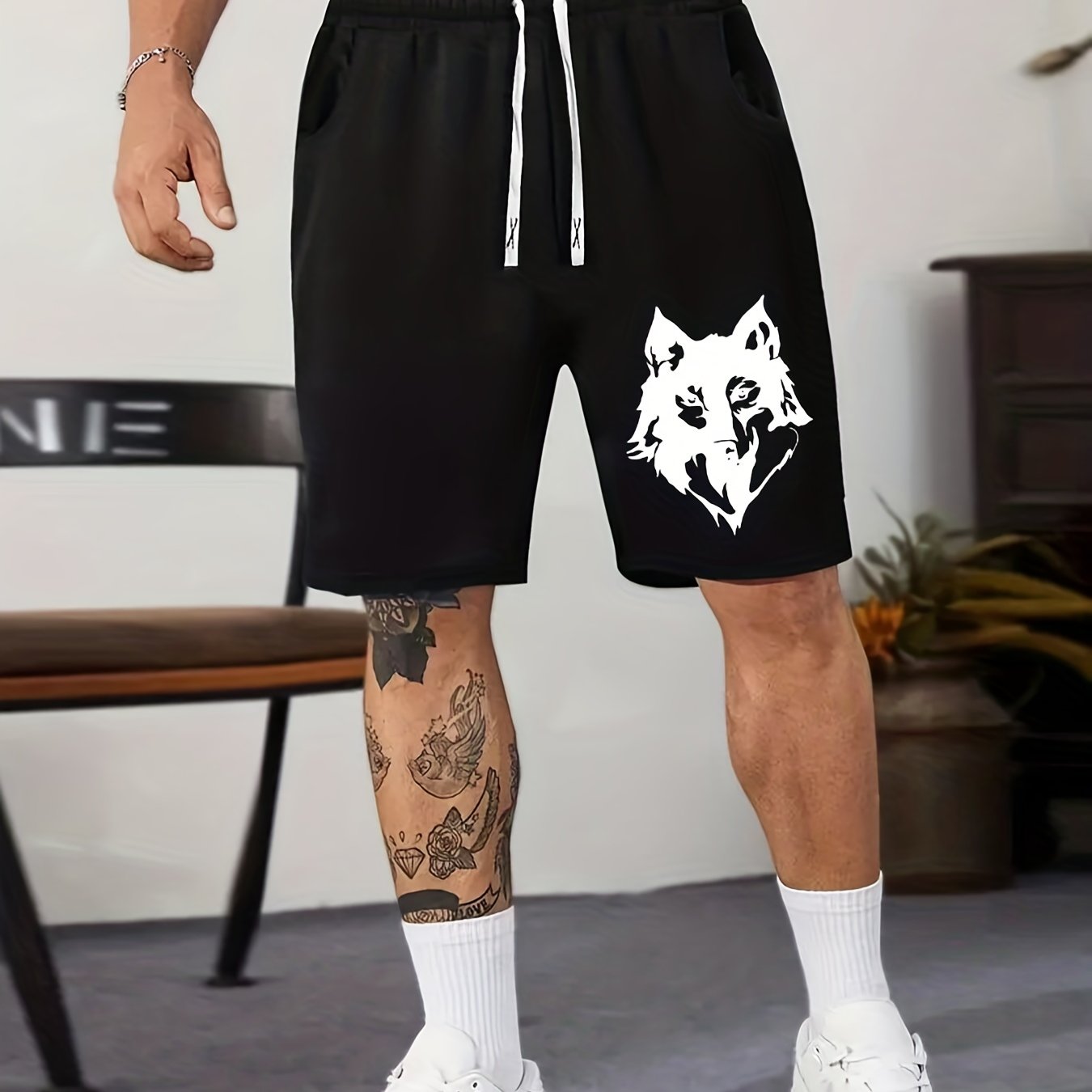 Wolf Pattern Print Men's Comfy Shorts Summer Drawstring Casual Loose Shorts