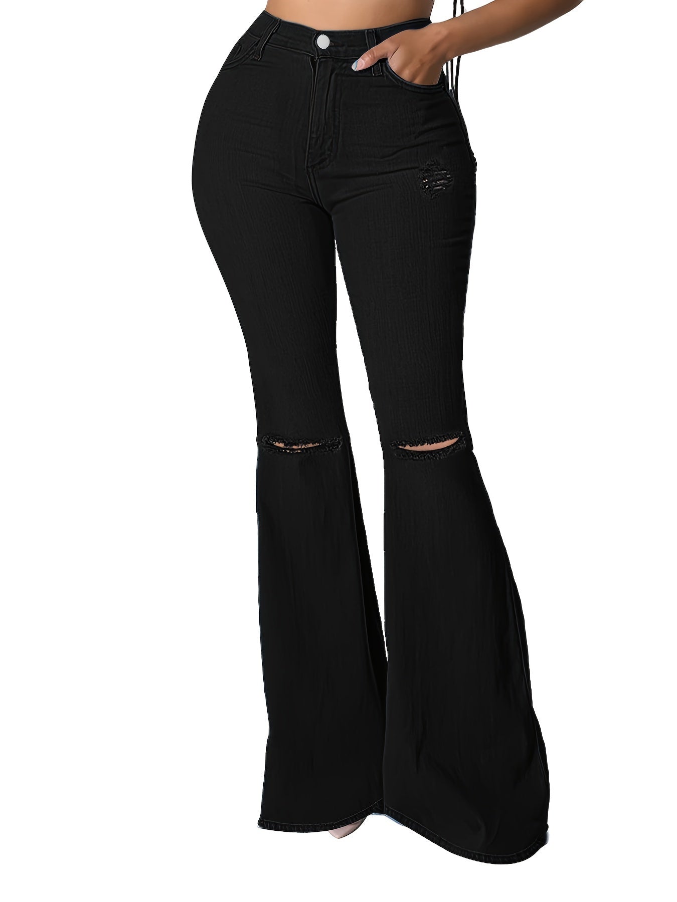 High Waist Flared Jeans Bell Bottom Boot Cut Distressed Denim Pants