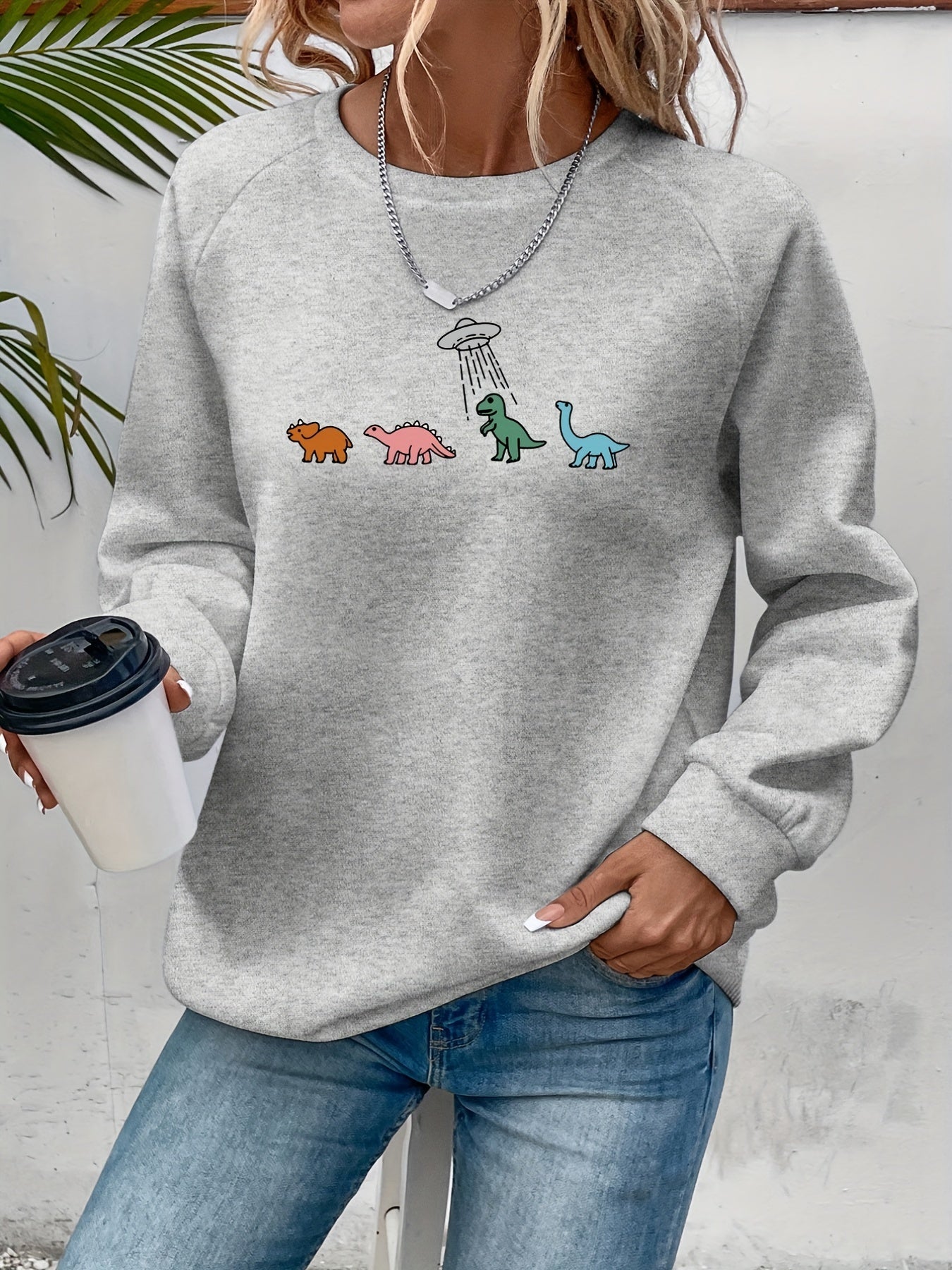 Dino Print Crew Neck Sweatshirt Women's S/F