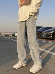 Men's Wide Leg Denim Jeans with Embroidery