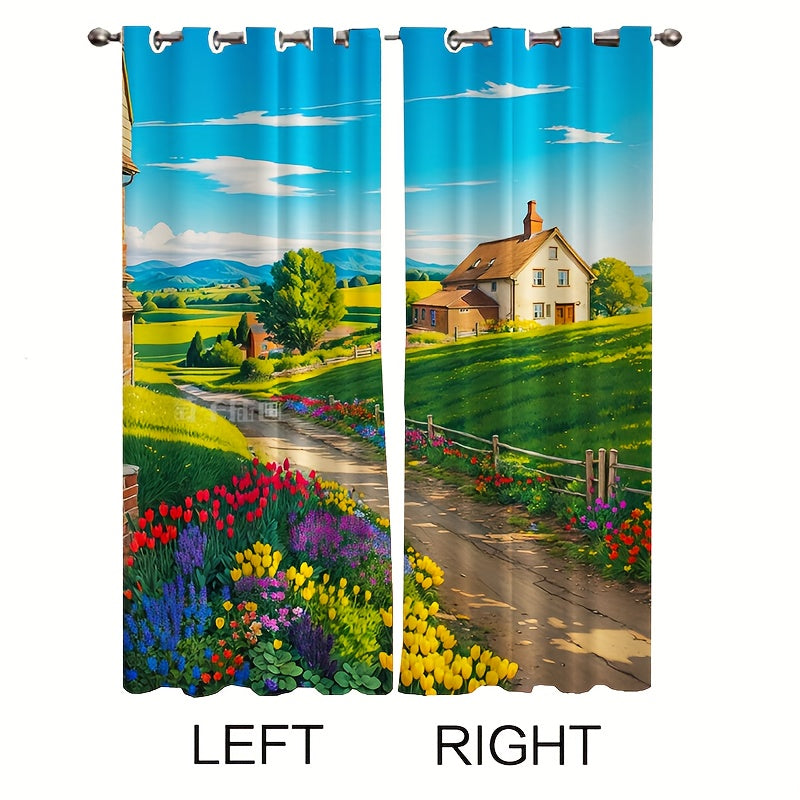 2pcs Flowers Blooming Scenery Curtains Tapestries Outdoor Decor