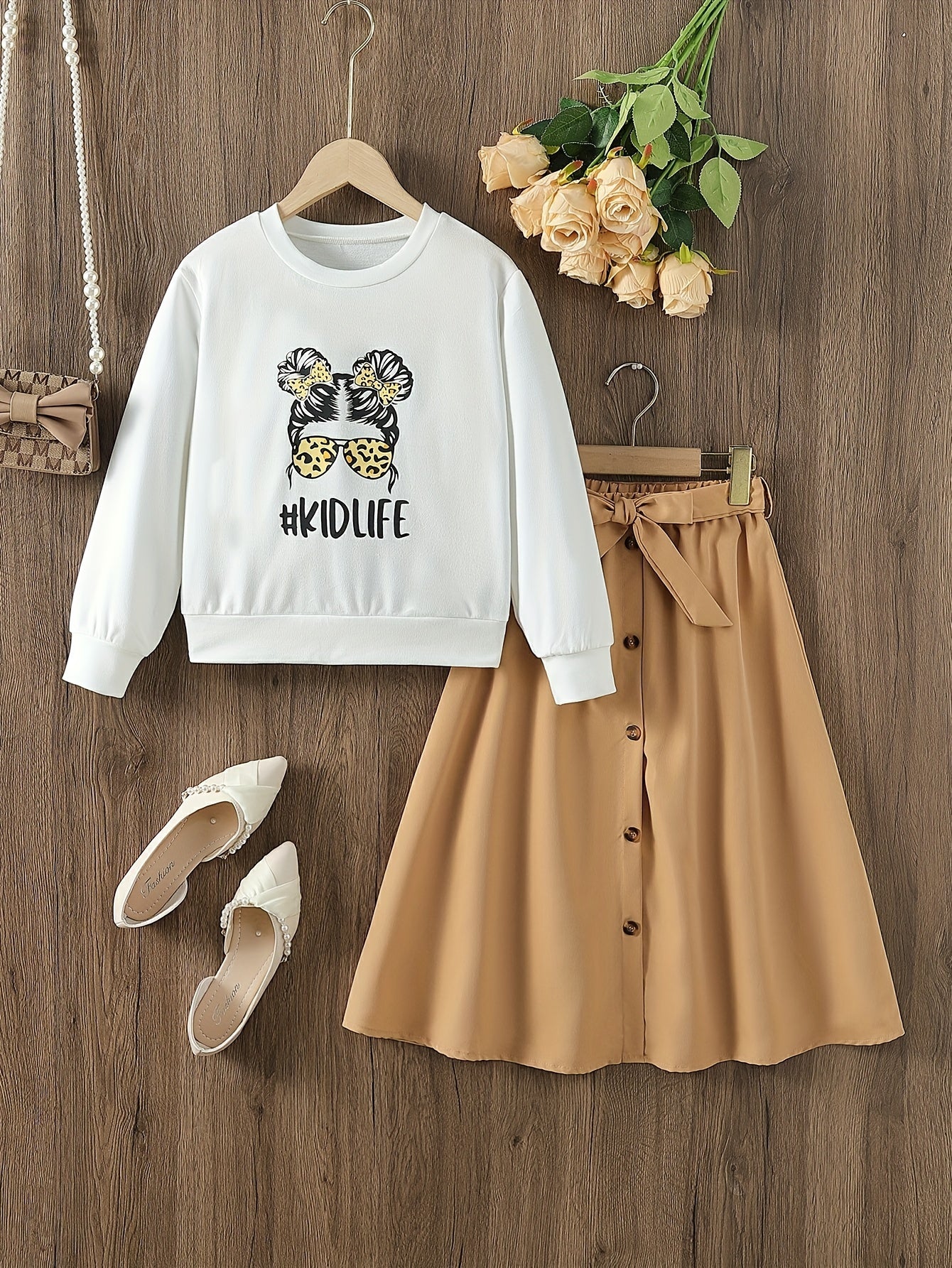 Girl's Cartoon Sunglasses Print 3pcs Sweatshirt & Skirt Set