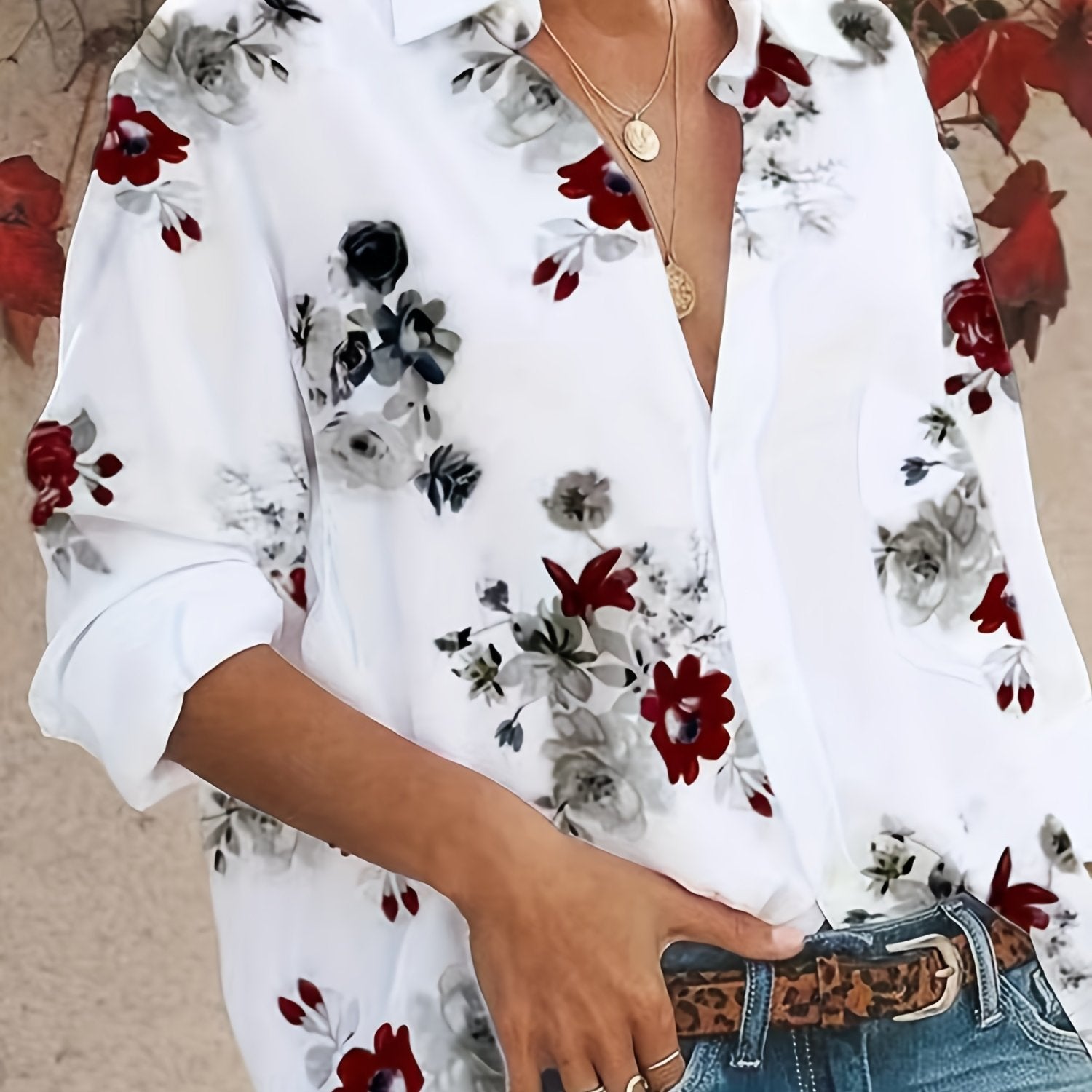Women's Plus Floral Button Up Long Sleeve Blouse
