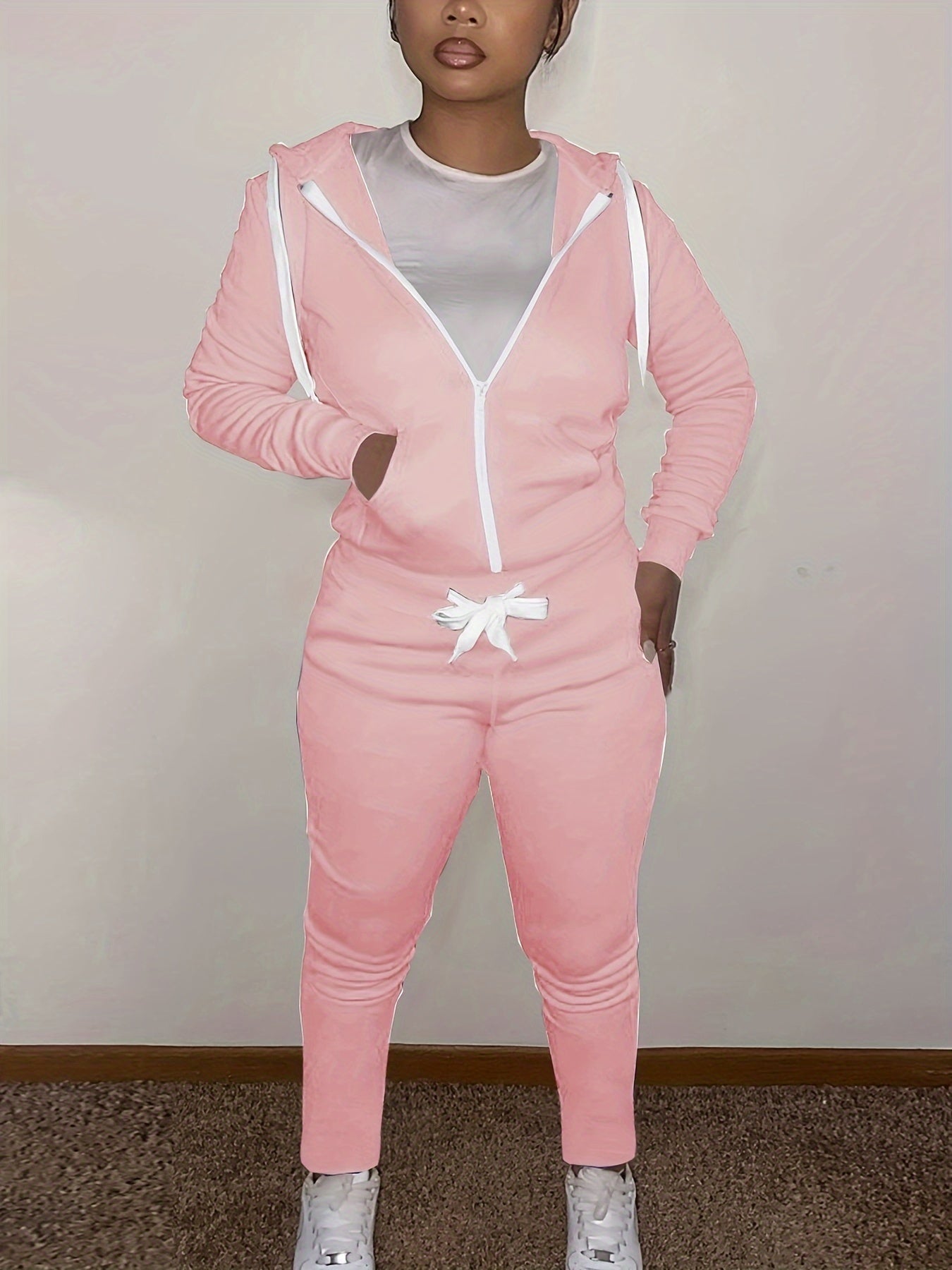 Sporty Outfit Set Women Solid Long Sleeve Zipper Front