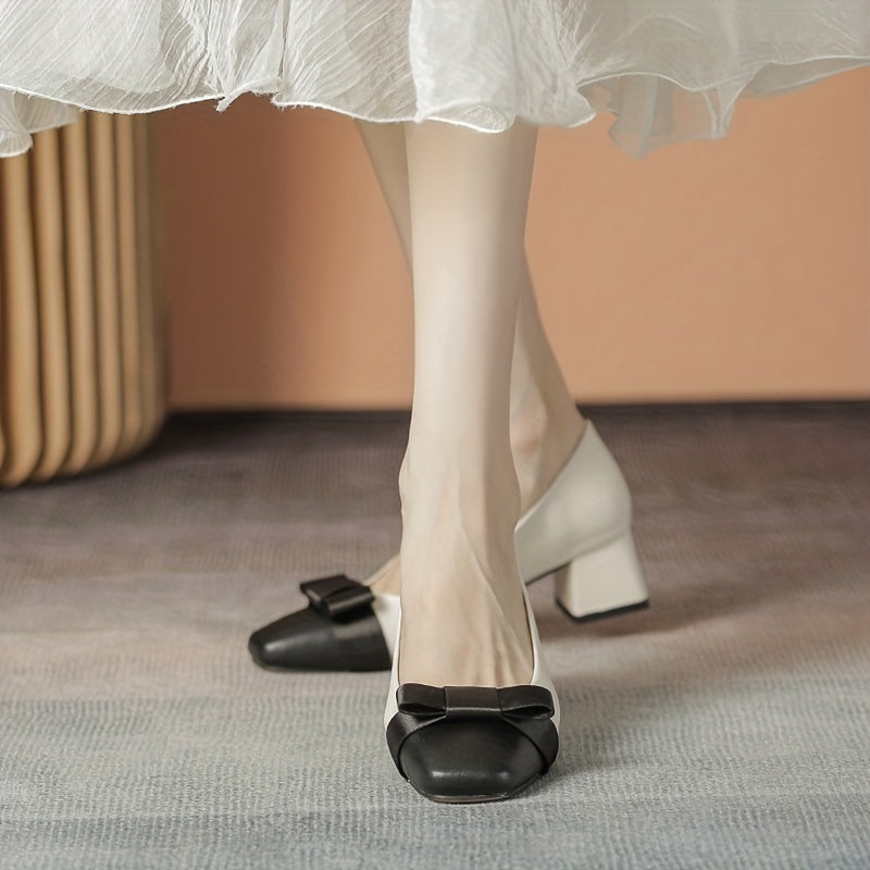 Bowknot Mid Heels Square Toe Slip-On Chunky Heels Dress Shoes