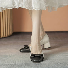 Bowknot Mid Heels Square Toe Slip-On Chunky Heels Dress Shoes