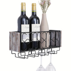Wall Mounted Wine Rack For 4 Glasses Metal Bottle Holder Rustic Floating Shelf