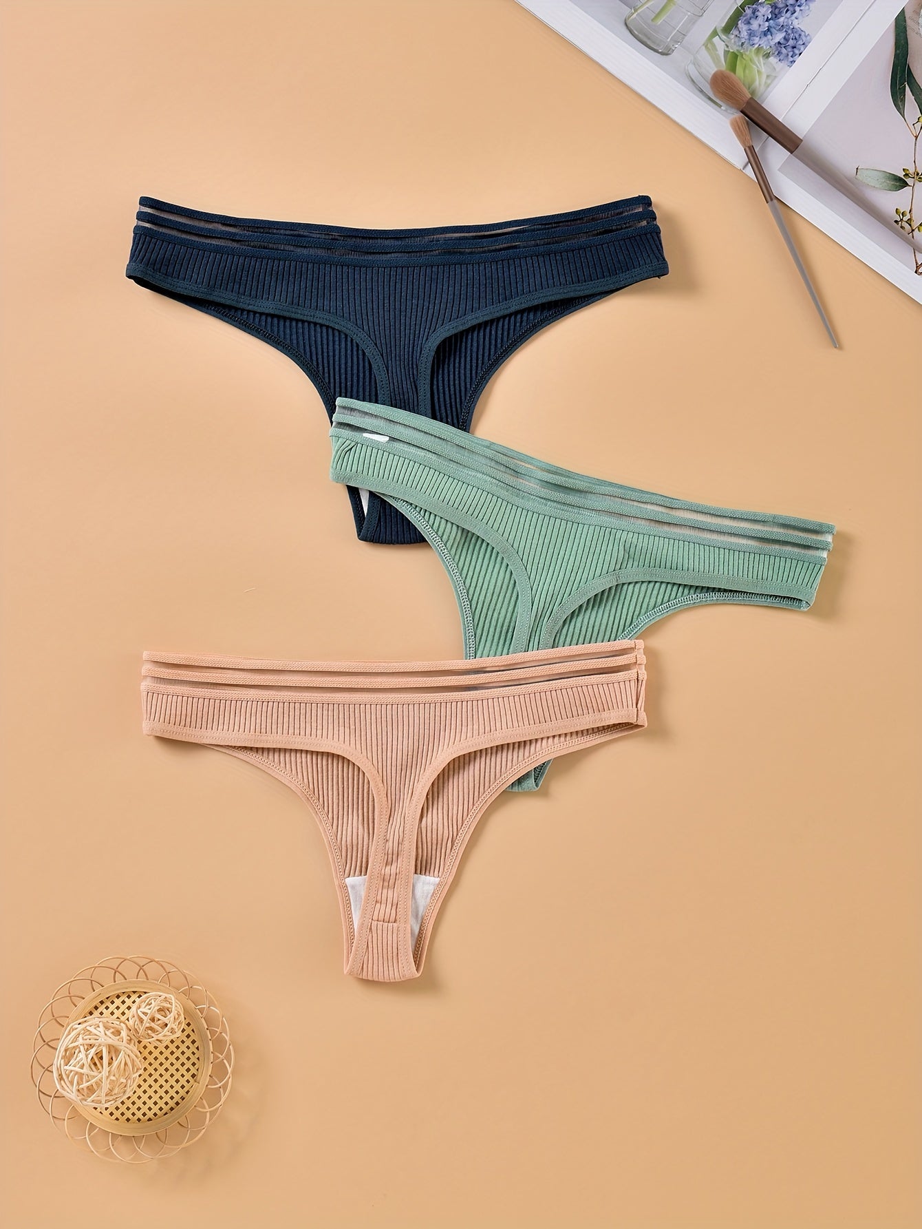 3pcs Ribbed Thongs Comfy Stretchy Intimates Panties Women's Lingerie