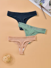 3pcs Ribbed Thongs Comfy Stretchy Intimates Panties Women's Lingerie