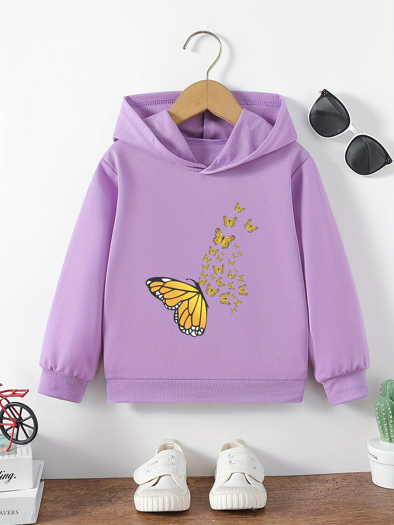 Girls' Butterfly Pattern Casual Hooded Sweatshirt