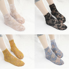 4 Pairs Lacy Floral Trim Socks Women's Stockings