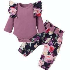 Baby Girl Botanical Floral Ruffled Romper & Pants Set