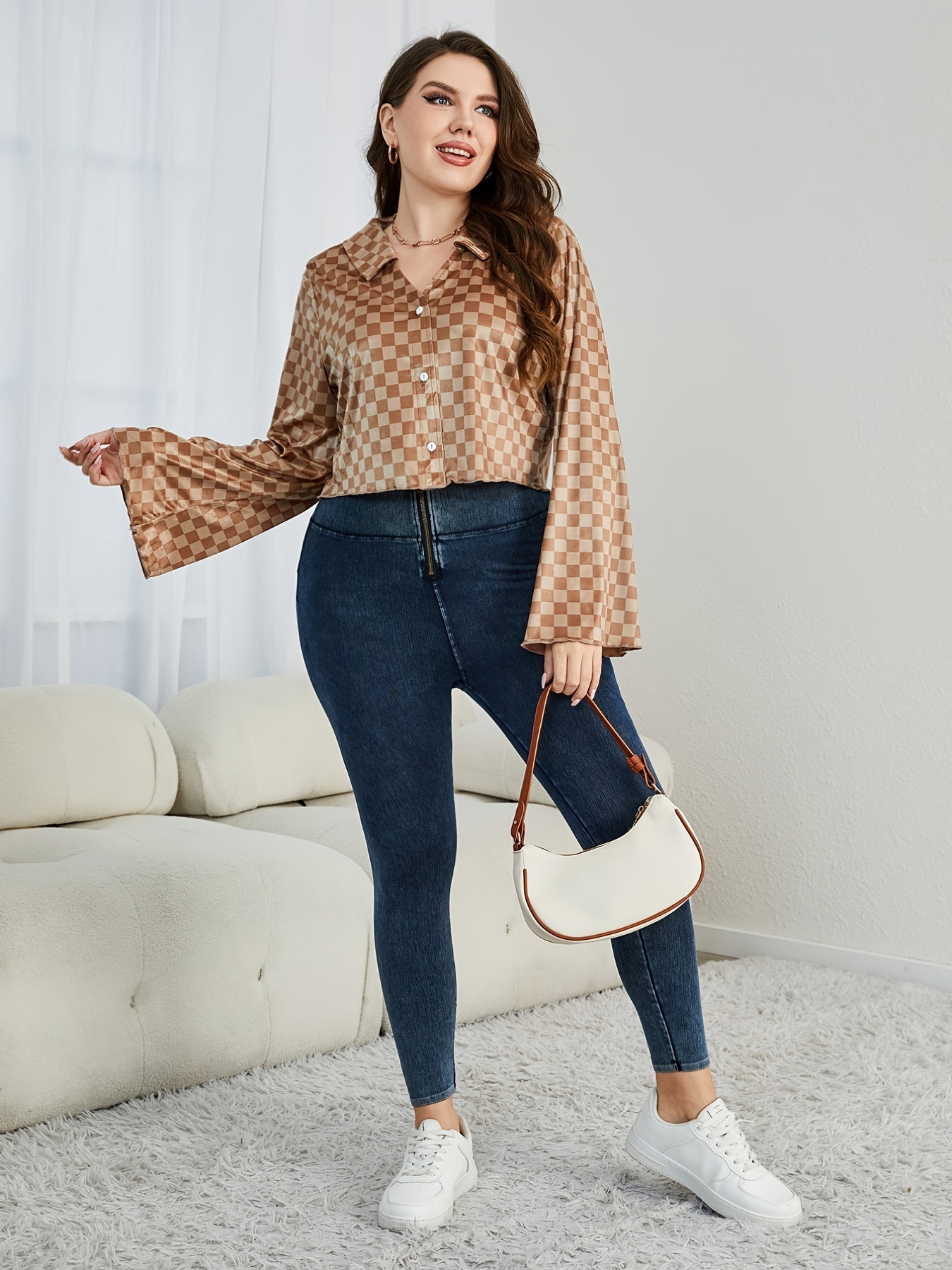Checkerboard Bell Sleeve Crop Blouse Plus Size