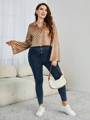 Checkerboard Bell Sleeve Crop Blouse Plus Size