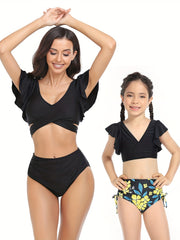 Mom & Daughter Matching Bikini Swimsuit Set Tropical Plant Print Ruffle