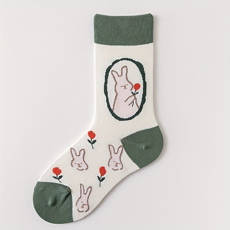 4 Pairs Bunny & Floral Print Socks Women's Stockings