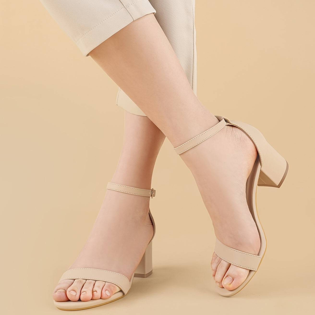 Chunky Heeled Ankle Strap Sandals Low Heels Open Toe Pumps